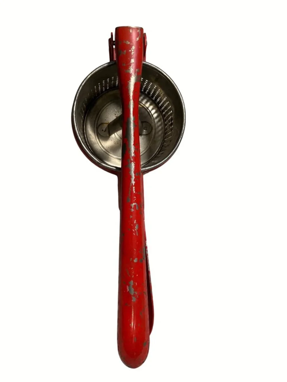 Red Metal Potato Ricer With Perforated Basket And Press Handle Vintage